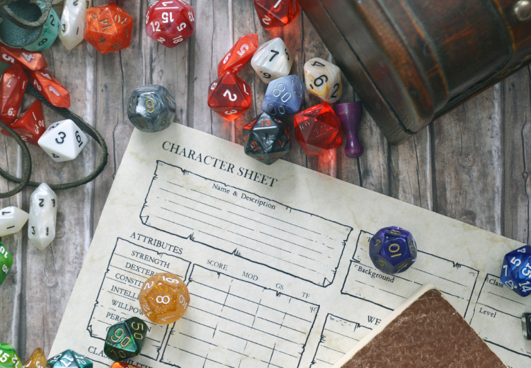 Role playing dice on a table with a character sheet, choose your own adventure!