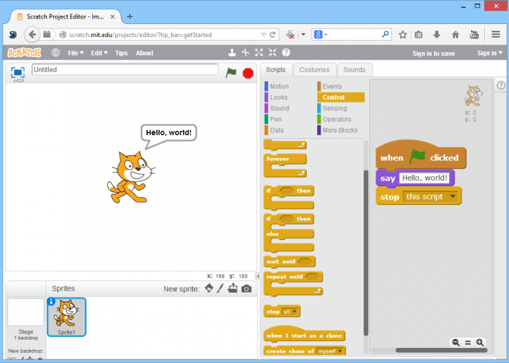 Scratch program web screenshot with an animated cartoon cat
