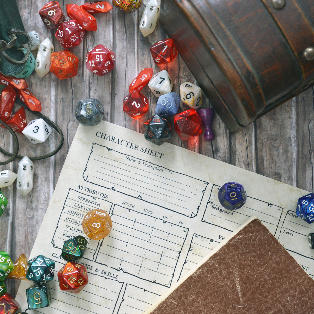 Role playing dice on a table with a character sheet, choose your own adventure!